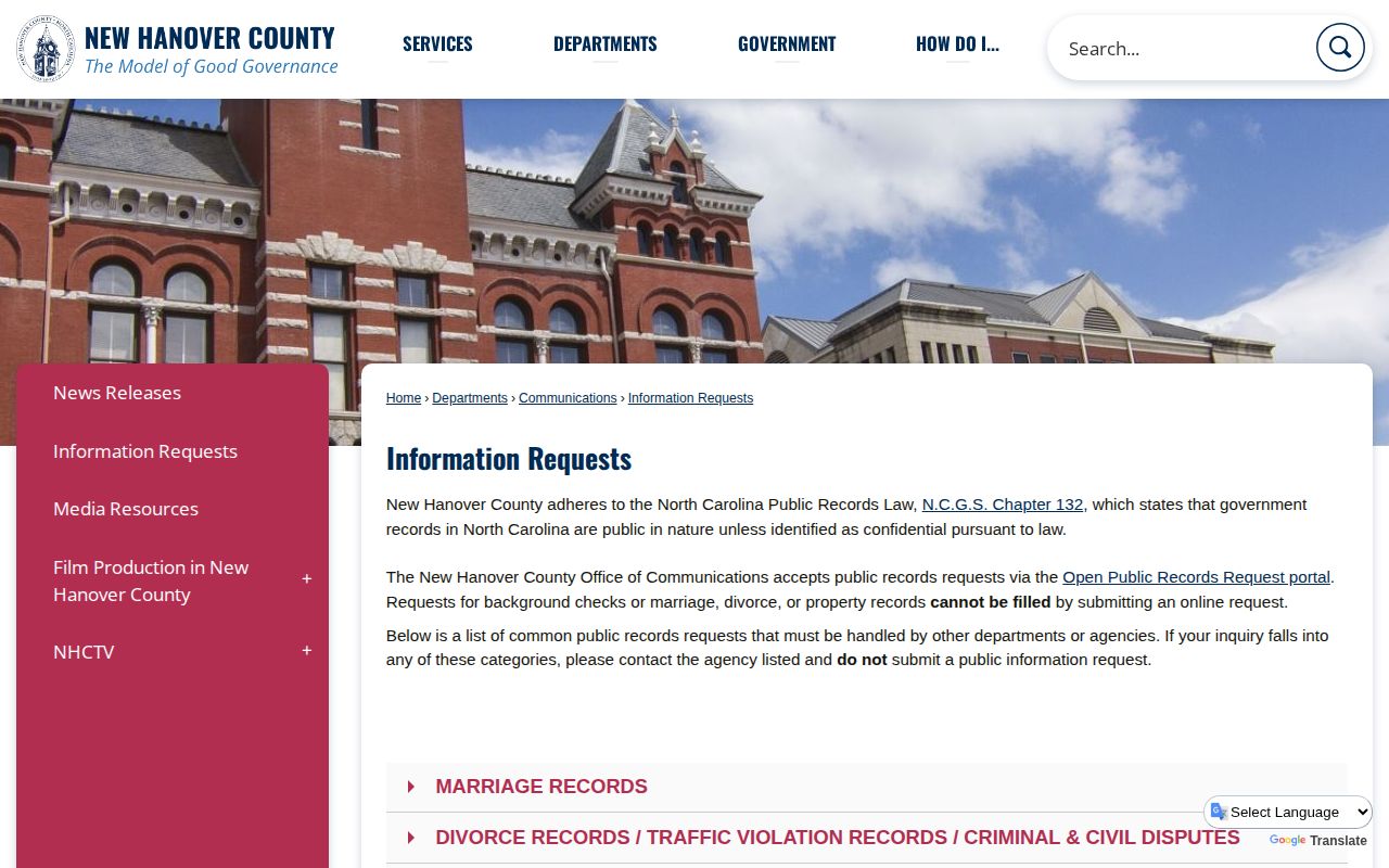 New Hanover Sheriff information requests page