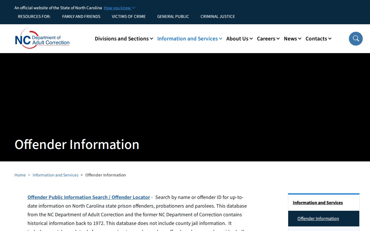 North Carolina Department of Adult Correction offender search source page